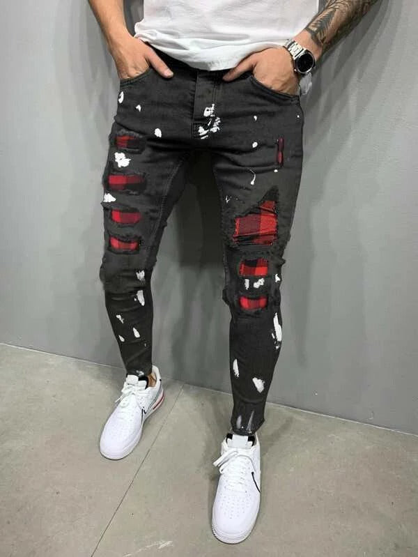 Men Contrast Gingham Ripped Jeans