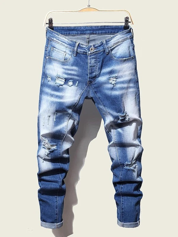Men Ripped Frayed Bleach Wash Skinny Jeans