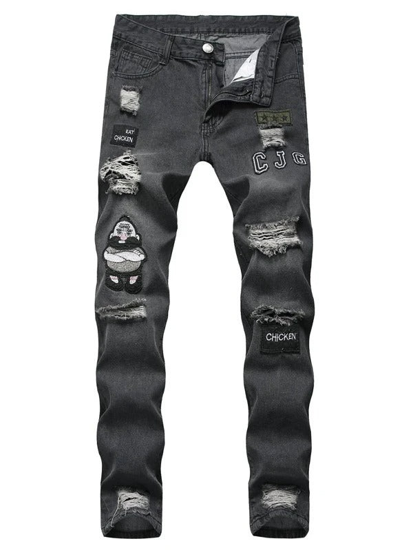 Men Cartoon Patched Ripped Skinny Jeans