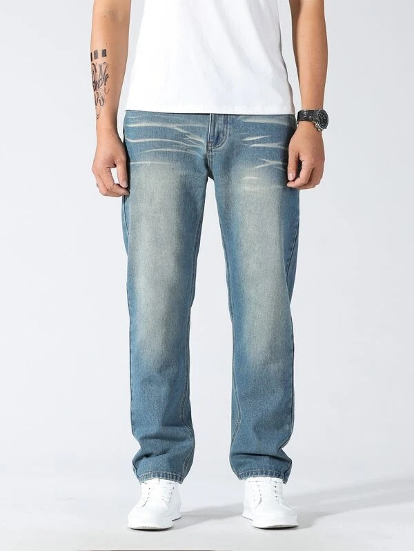 Men Washed Straight Leg Jeans