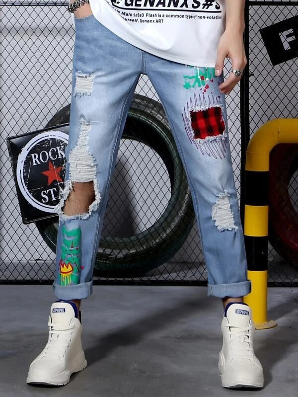 Men Slogan Graphic Cut Out Ripped Frayed Patched Tapered Jeans
