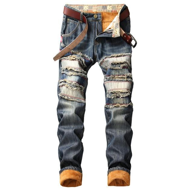 Men Hole Jeans Top Quality Ripped Velvet Hip Hop Punk Streetwear Fashion Jeans