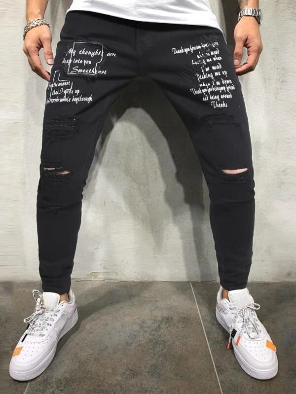 Men Slogan Embroidery Ripped Skinny Jeans