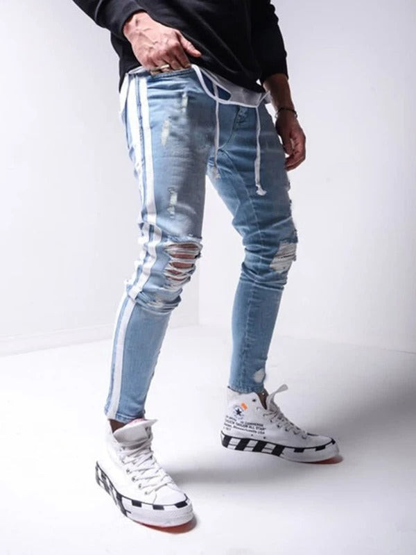 Men Side Striped Ripped Skinny Jeans