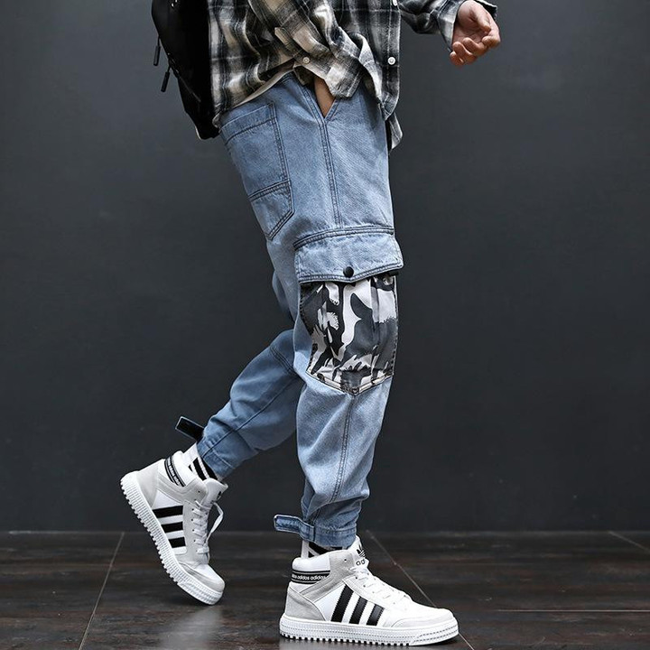 Street Style Fashion Men Jeans Loose Camouflage Patch Pocket Jogger Jeans