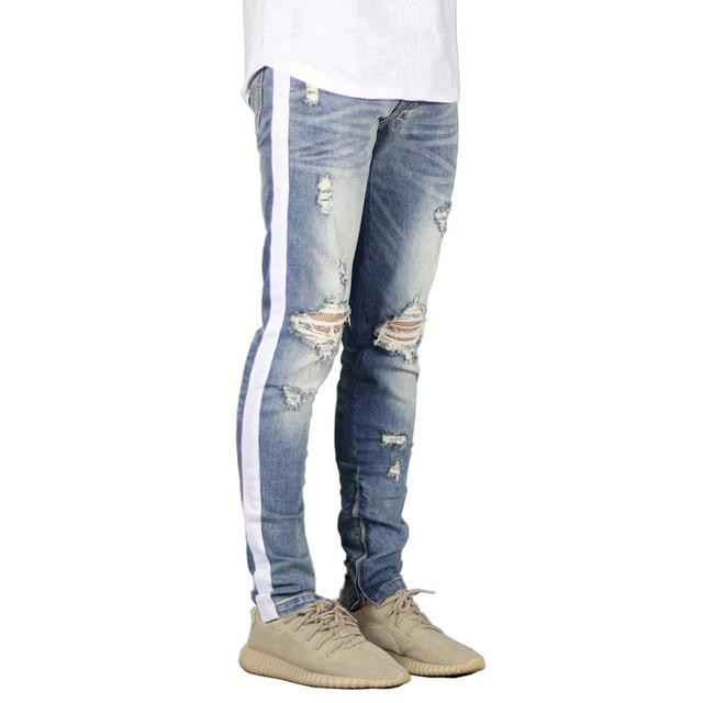 Men Skinny Jeans Fashion Side Stripe Ripped Destroyed Jeans With Zipper