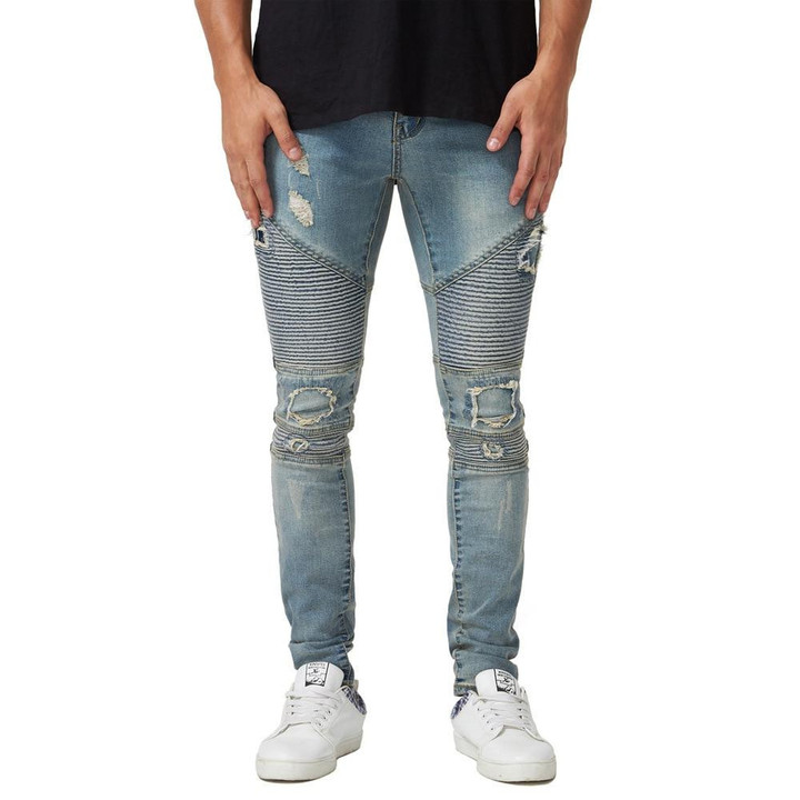 European American Style Men Jeans Slim Straight Famous Brand Design Zipper Hole Jeans