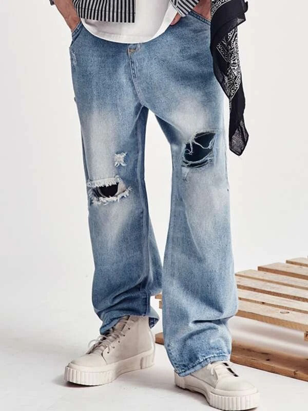 Men Washed Distressed Ripped Jeans