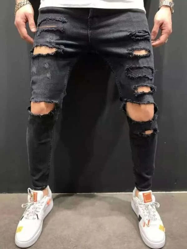 Men Cut Out Frayed Skinny Jeans