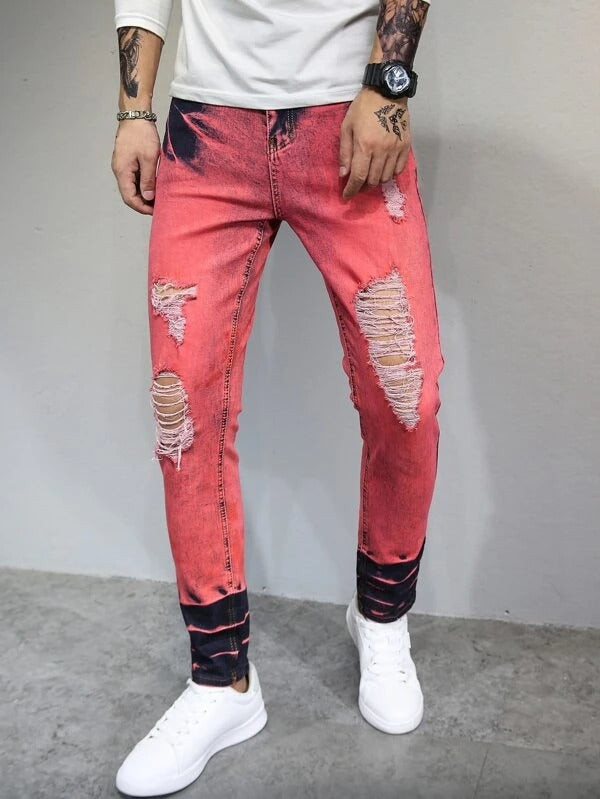 Men Ripped Color Block Jeans