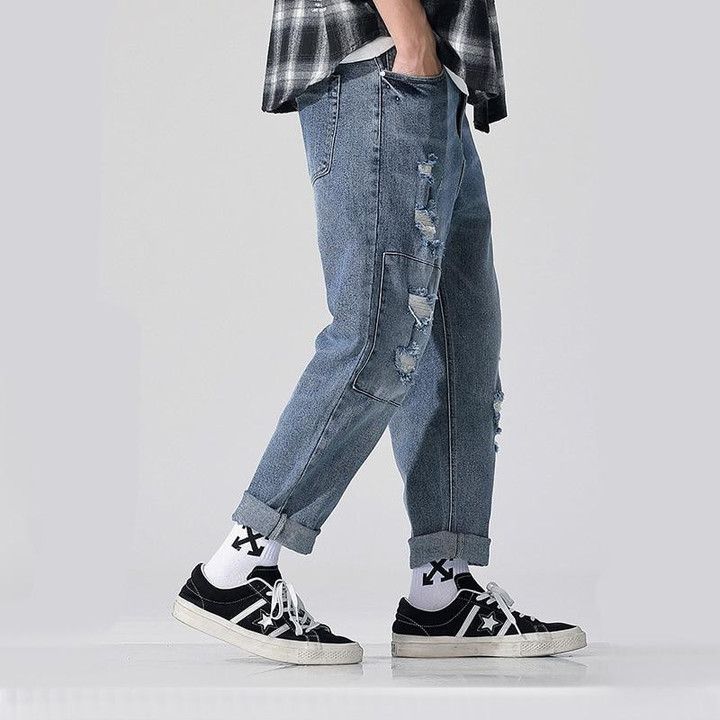 Super cool fashion men do old color washed loose High-end quality jeans