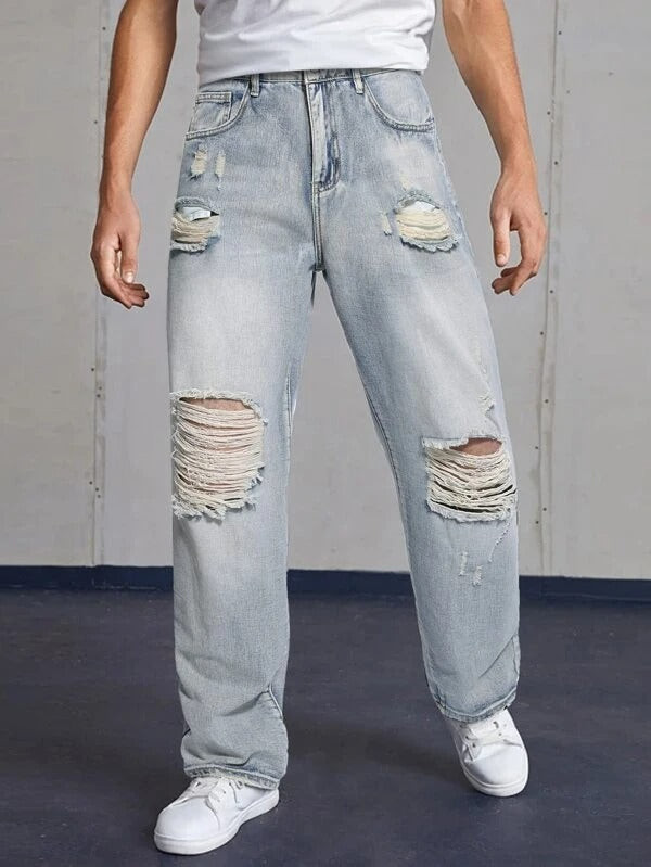 Men Ripped Straight Leg Washed Jeans