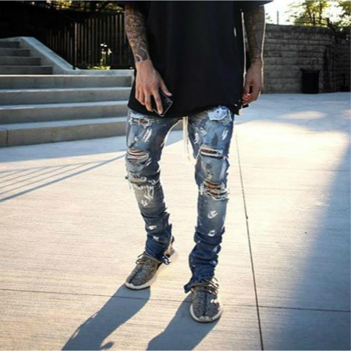 Men Distressing Skinny Stretch Denim Justin Bieber Drawstring Jeans