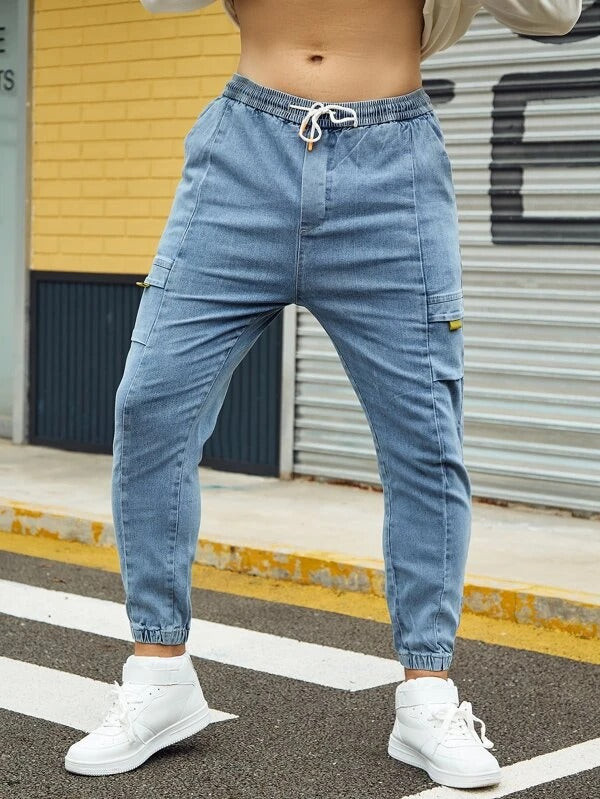 Men Flap Pocket Drawstring Waist Jeans