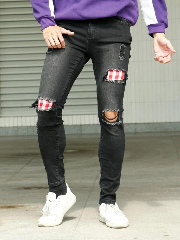 Men Ripped Patched Skinny Jeans