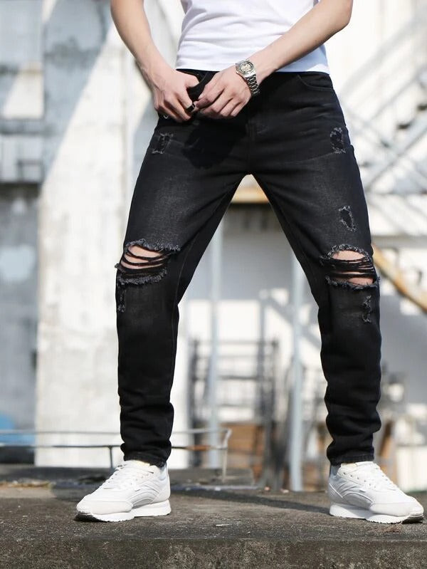Men Washed Distressed Tapered Jeans