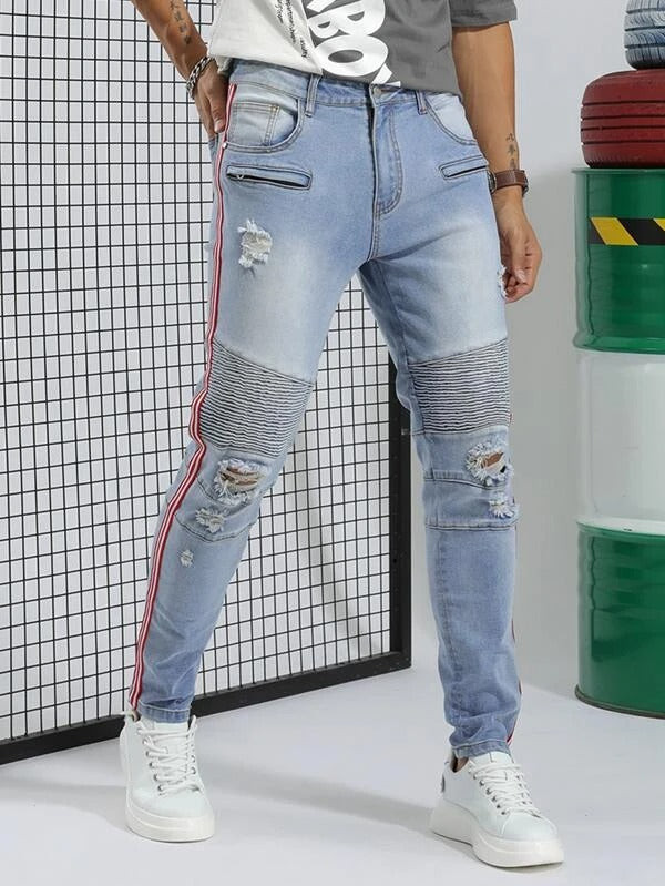 Men Striped Tape Side Pleated Detail Skinny Jeans