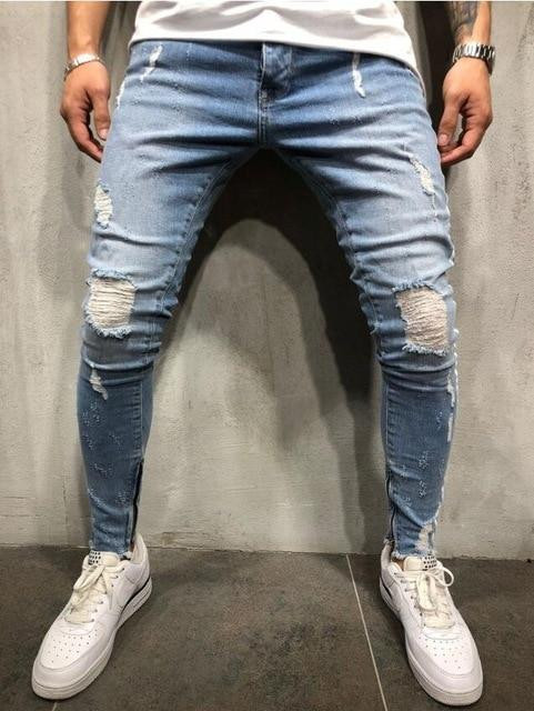 Cool Fashion Style Men Ripped Jeans Streetwear Ankle Zipper