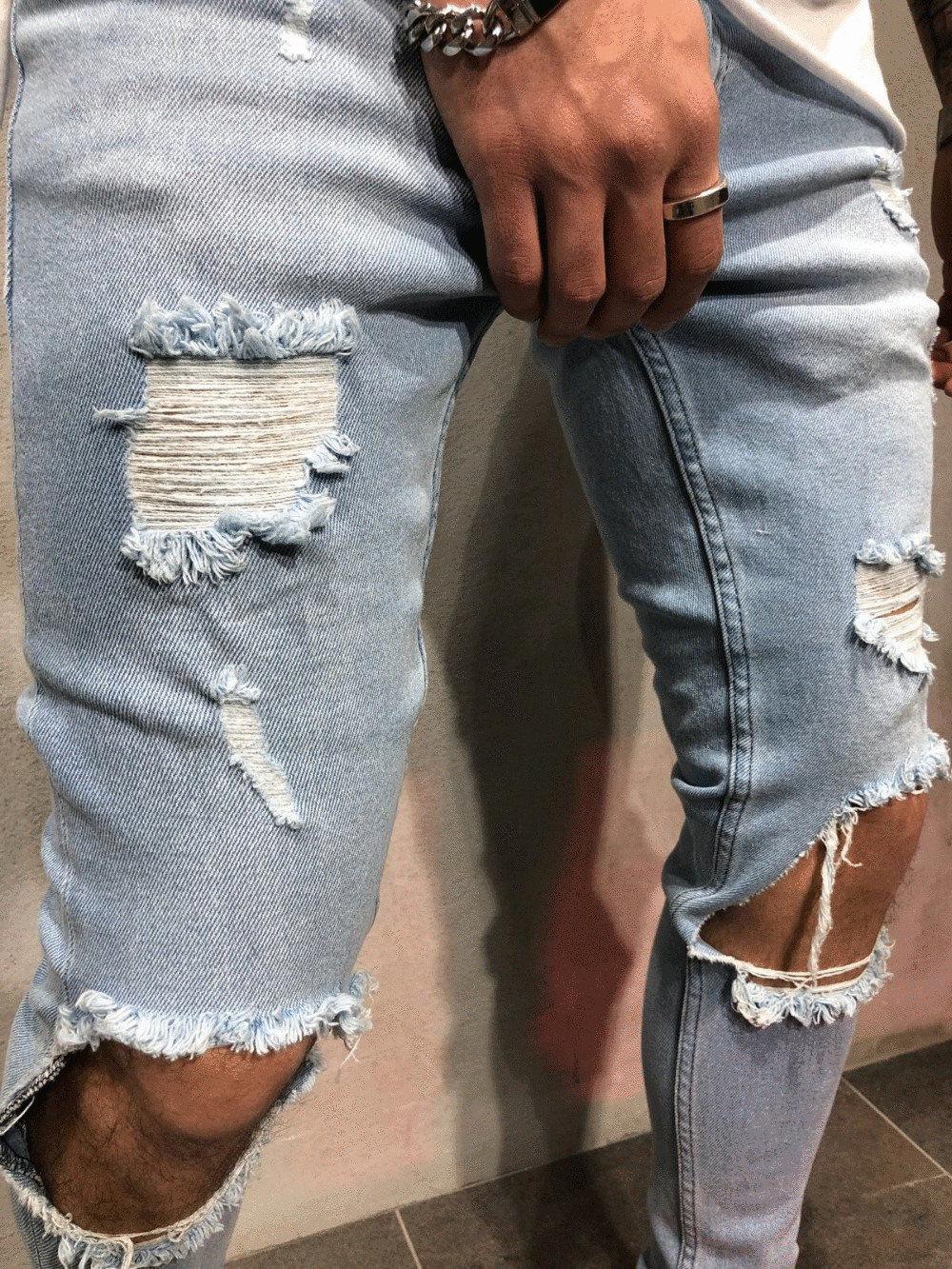 Men Knee Ripped Skinny Jeans Cool Fashion Style Distressed Jogger Jeans