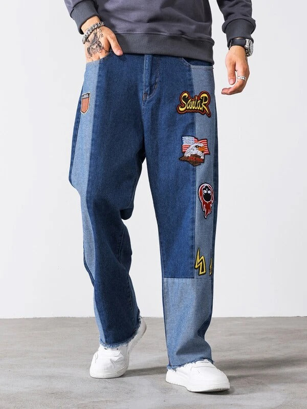 Men Embroidery Patched Contrast Panel Raw Hem Jeans