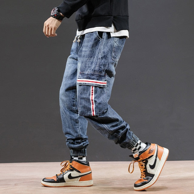 Men Fashion Streetwear  Multi-Pocket Jeans