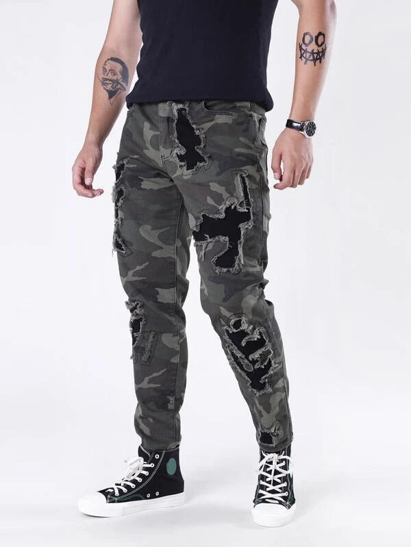 Men Ripped Camo Jeans