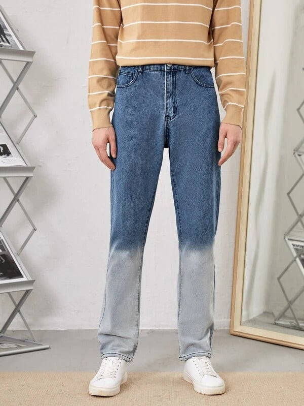 Men High Waist Color Block Slant Pockets Jeans