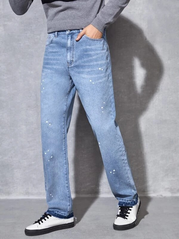 Men High Waist Splatter Print Straight Leg Jeans