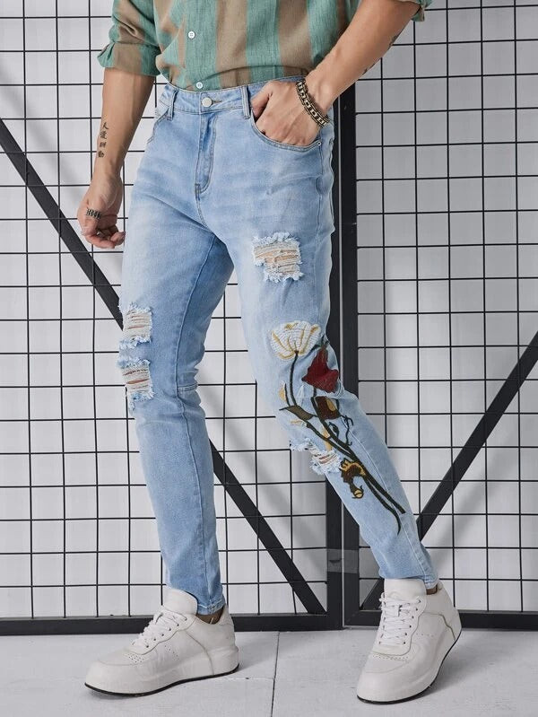 Men Floral Embroidered Ripped Jeans