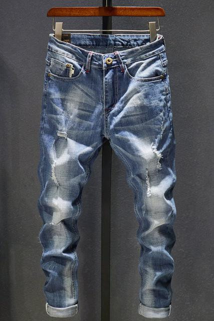 New Arrival Men Elastic Straight Fashion Ripped Hole Jean