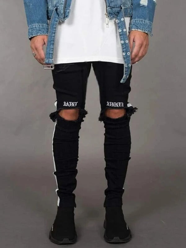 Men Letter Embroidery Side Stripe Ripped Jeans