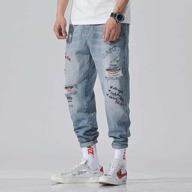 Men Jeans Embroidery Fashion Casual Washed Ripped Distressed Holes Jeans