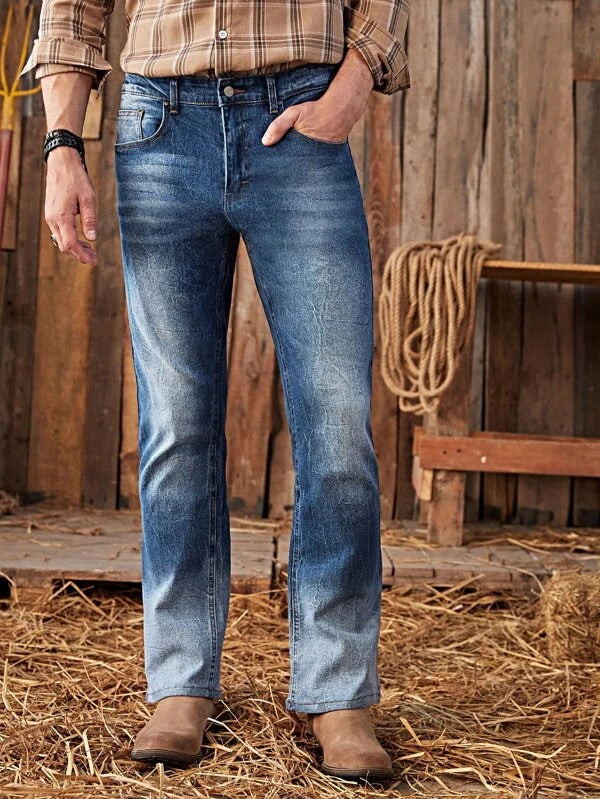 Men Washed Button Fly Jeans