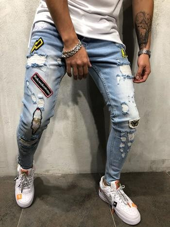 Men Knee holes Skinny Ripped Destroyed Patch Stretch Jeans