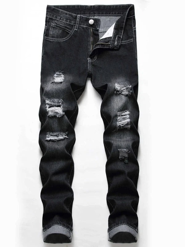 Men Washed Ripped Button Fly Jeans
