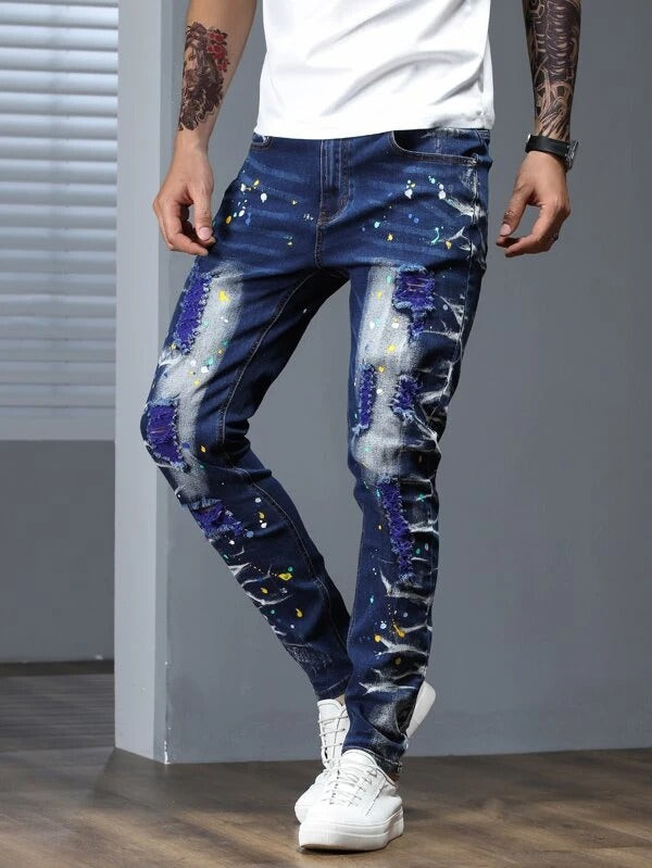 Men Ripped Splatter Print Jeans