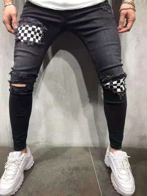 Men Checkerboard Ripped Jeans