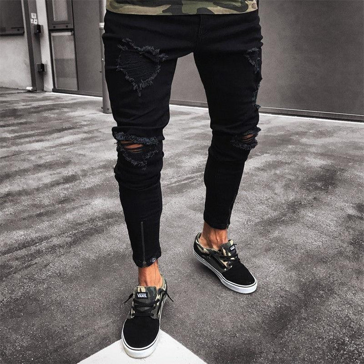 Mens Cool Designer Brand Black Skinny Ripped Destroyed Stretch Slim Fit Jeans