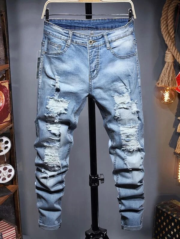 Men Ripped Slant Pocket Jeans