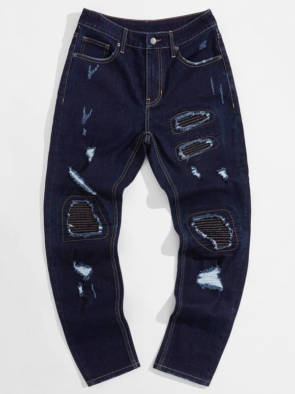 Men Zipper Fly Ripped Tapered Jeans