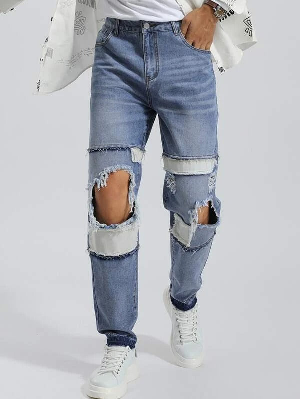 Men Ripped Cut Out Raw Trim Color Block Jeans