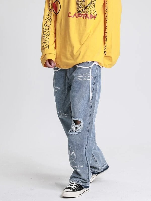 Men Slogan Graphic Contrast Tape Ripped Frayed Straight Leg Jeans