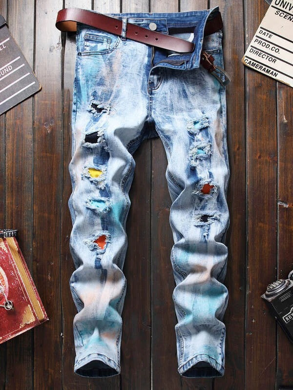 Men Tie Dye Ripped Jeans