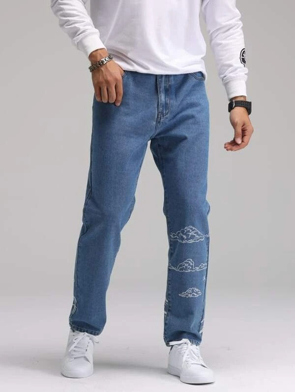 Men Slant Pocket Cloud Print Jeans