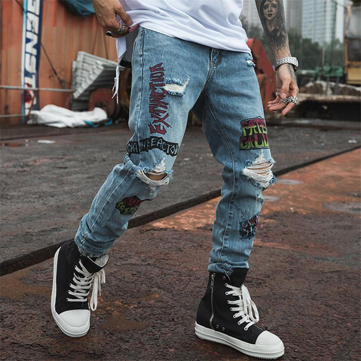 Hip Hop Style Men Hipster Graffiti Letter Print Streetwear Destroyed Ripped Jeans