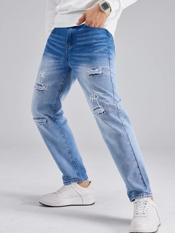 Men Letter Embroidery Ripped Washed Jeans