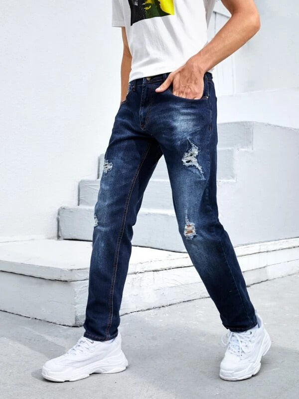 Men Washed Ripped Straight Leg Jeans