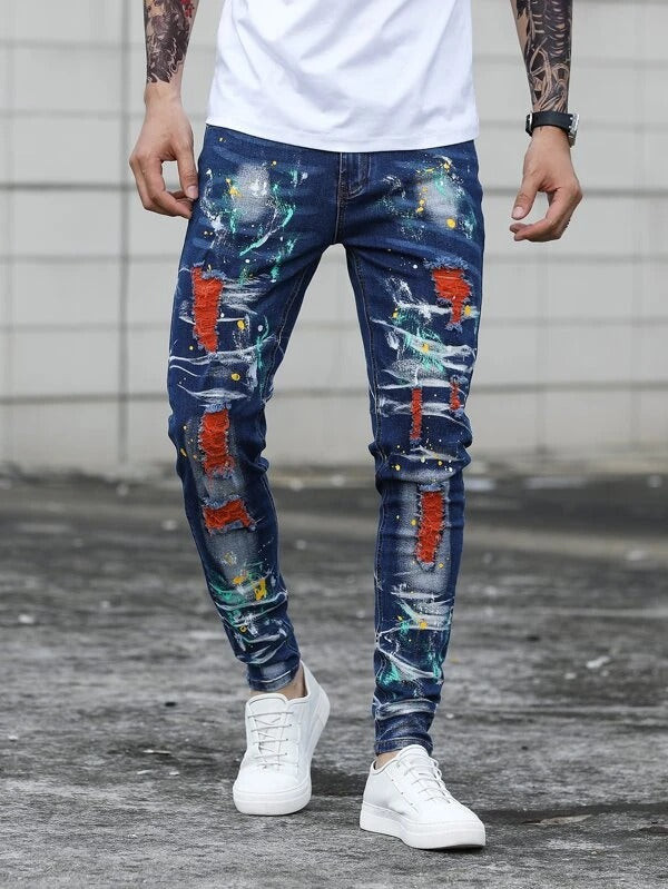 Men Ripped Splatter Print Skinny Jeans
