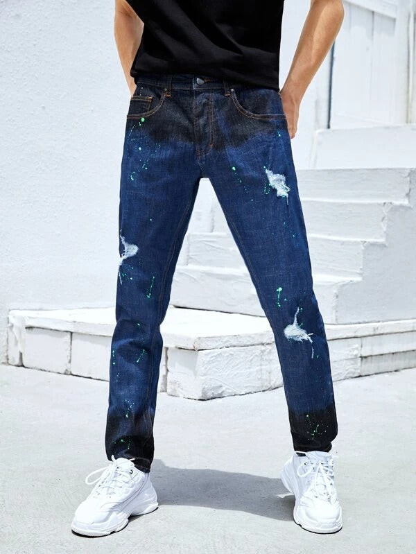 Men Ripped Splatter Painting Washed Jeans