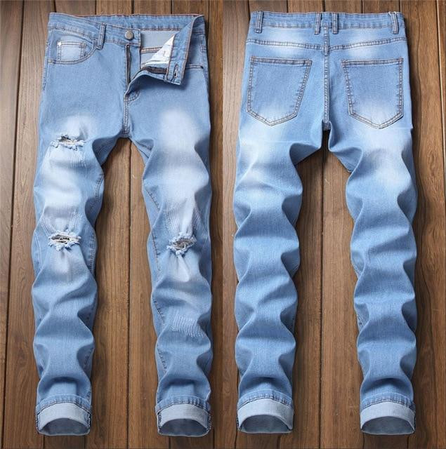 New Fashion Men Ripped Jeans With Holes Super Slim Fit Scratched Hip Hop Elastic Jeans